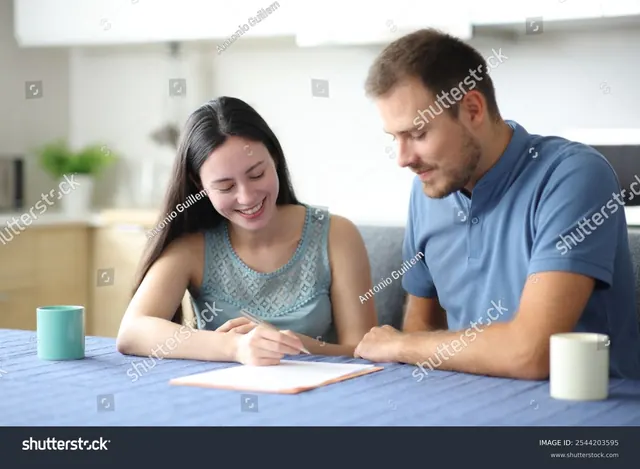 Couple reviewing paperwork at a kitchen table